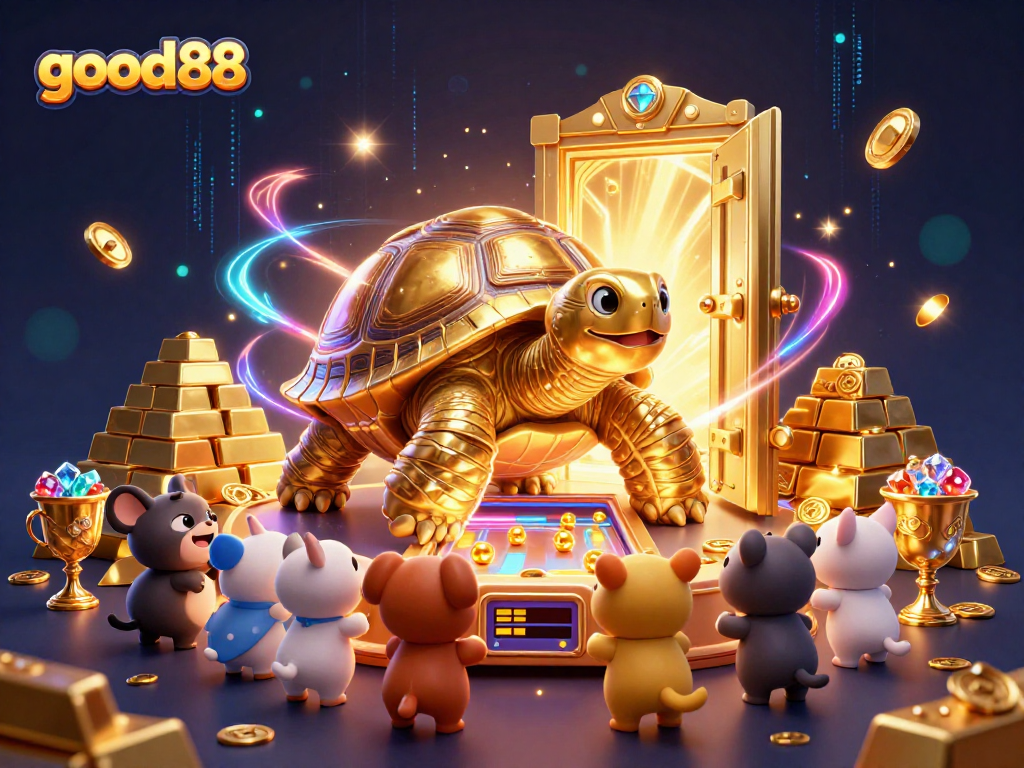 Spin the reels at good88 in a vibrant 3D casino illustration filled with thrilling gaming elements.