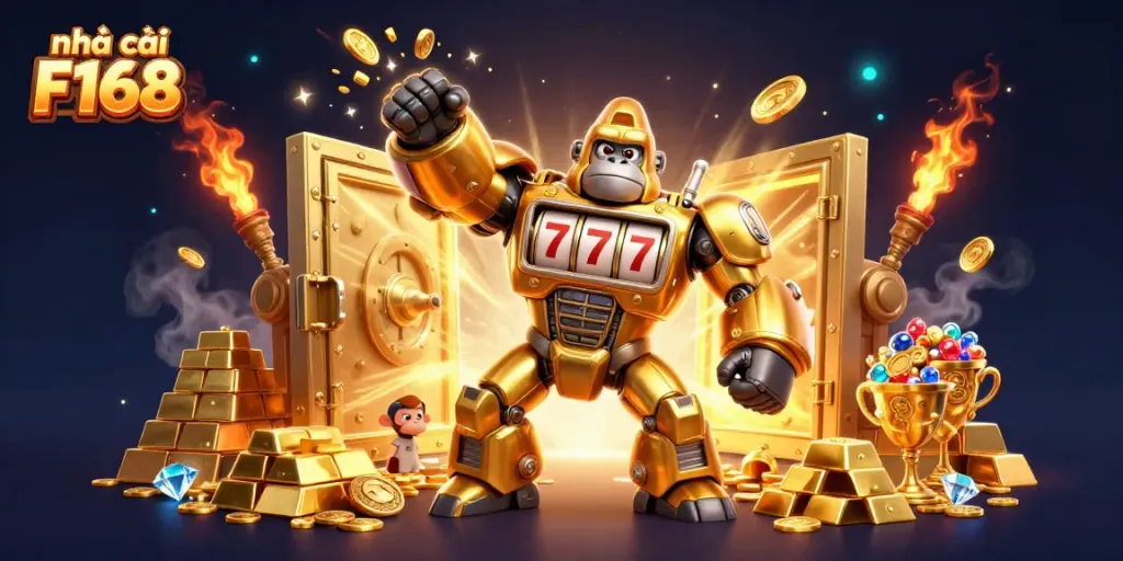 Spin to win with Nhà cái F168, featuring a dynamic gorilla mech and vibrant slot game elements.