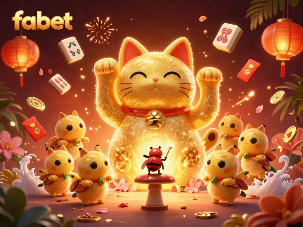 Experience vibrant gambling action with fabet's lucky cat and festive casino elements.