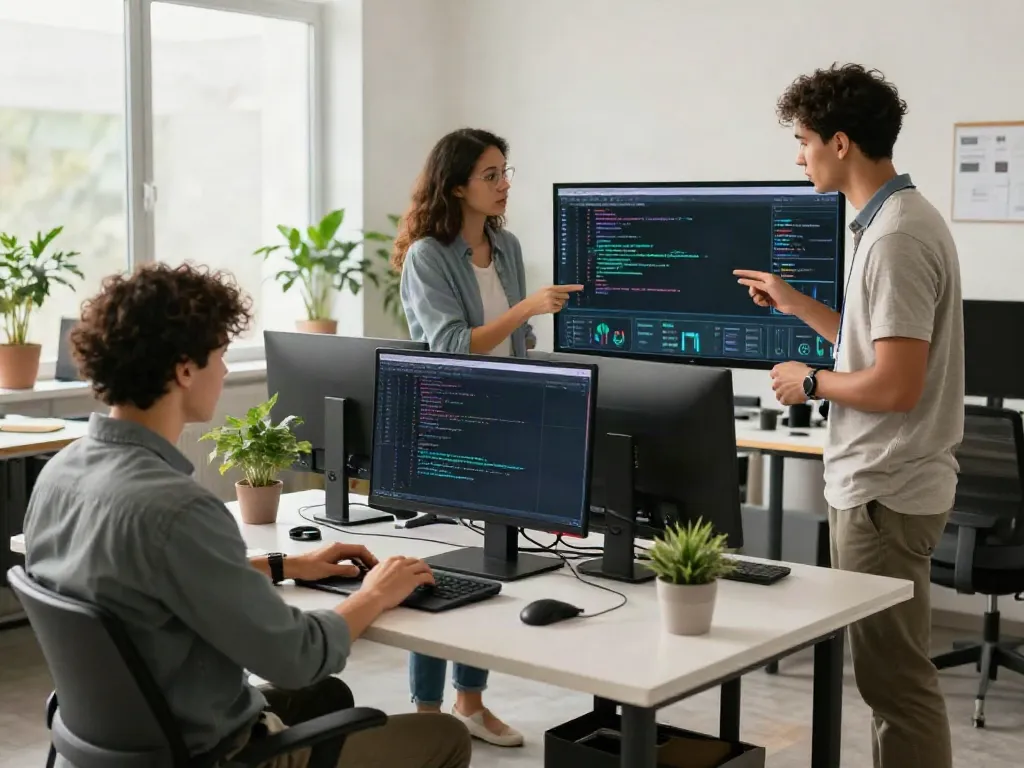 Collaboration in a modern workspace showcasing an AI visibility platform.