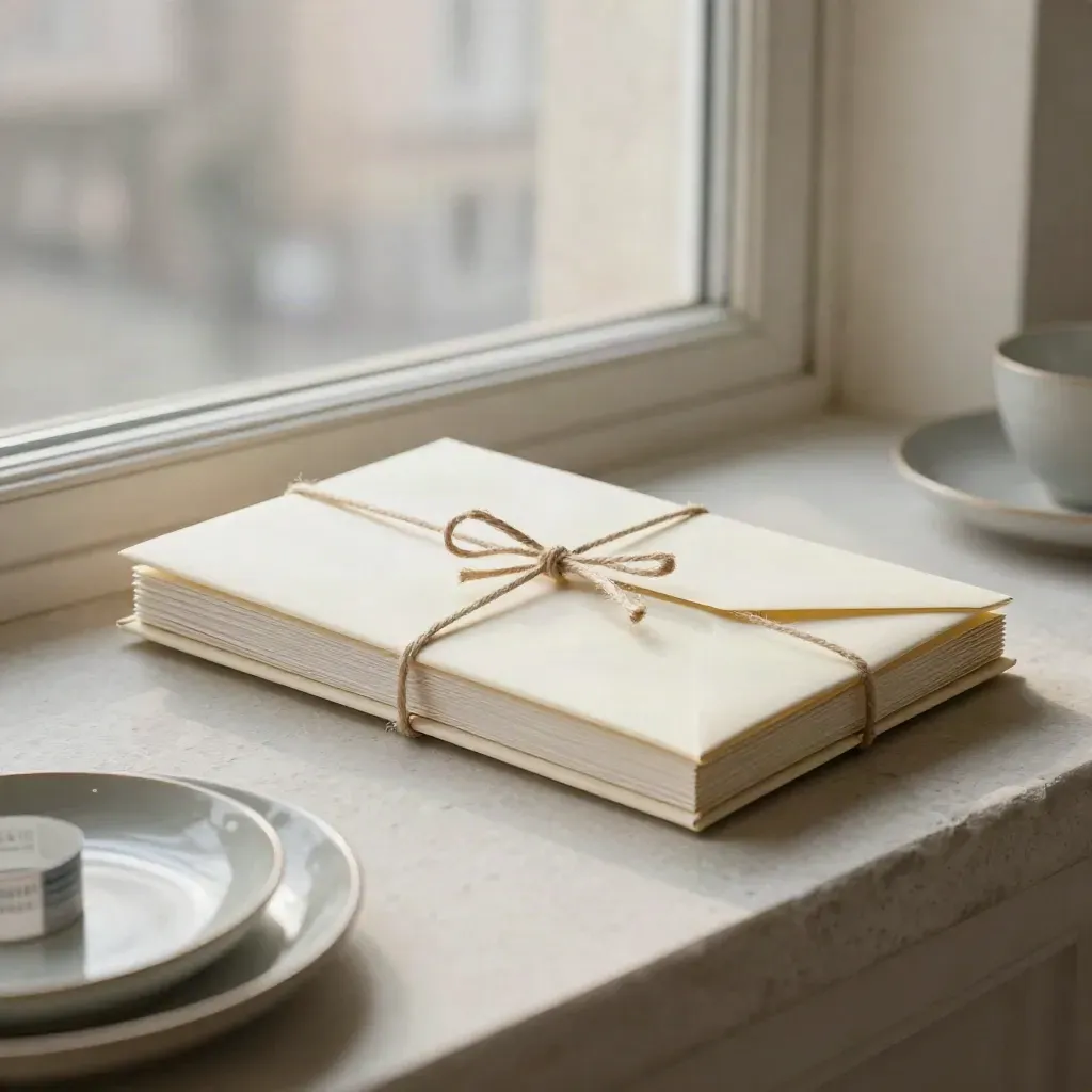 Open jaarbundel met briefingkit op stenen rand, twine en envelope in zacht licht.