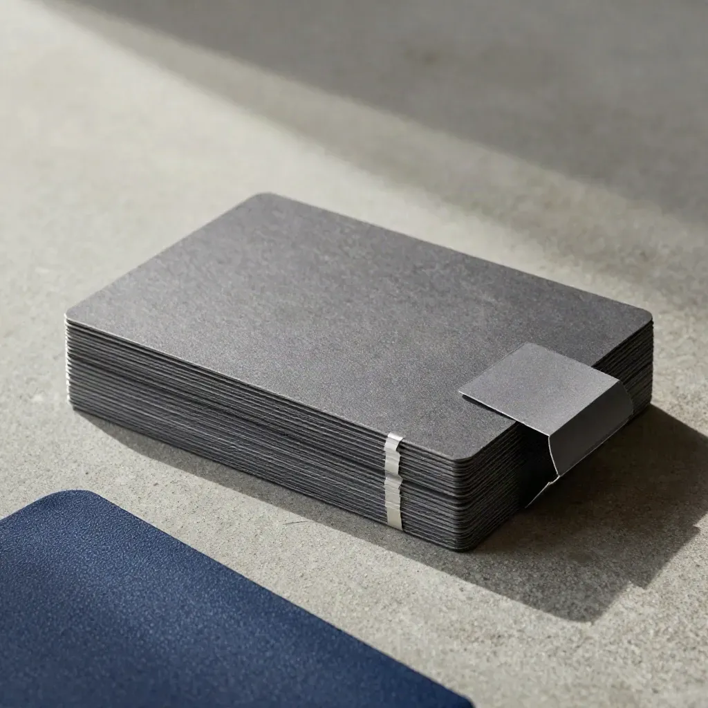 Schuine close-up van een valuta-kaartenpak op beton met blauw accent en zachte schaduwen.