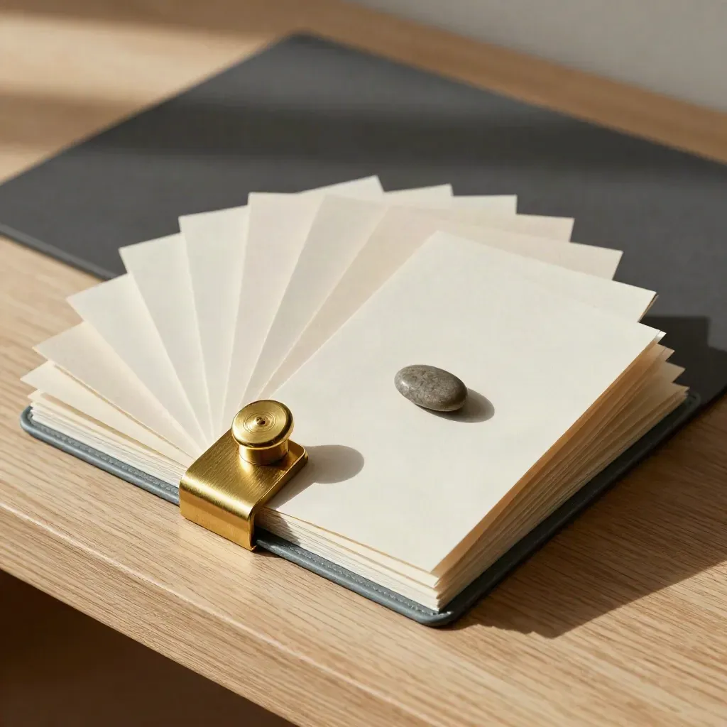 Modulaire signaaldecks op licht eiken met brass clip en gedempt petrol accent, dramatisch verlicht.