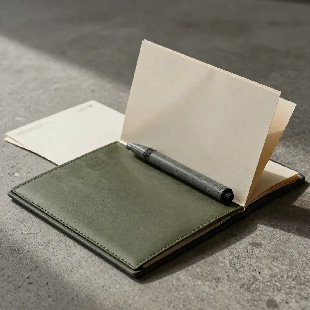 Halfopen risicofolio op beton met papieren sleeve en slanke steenmarker