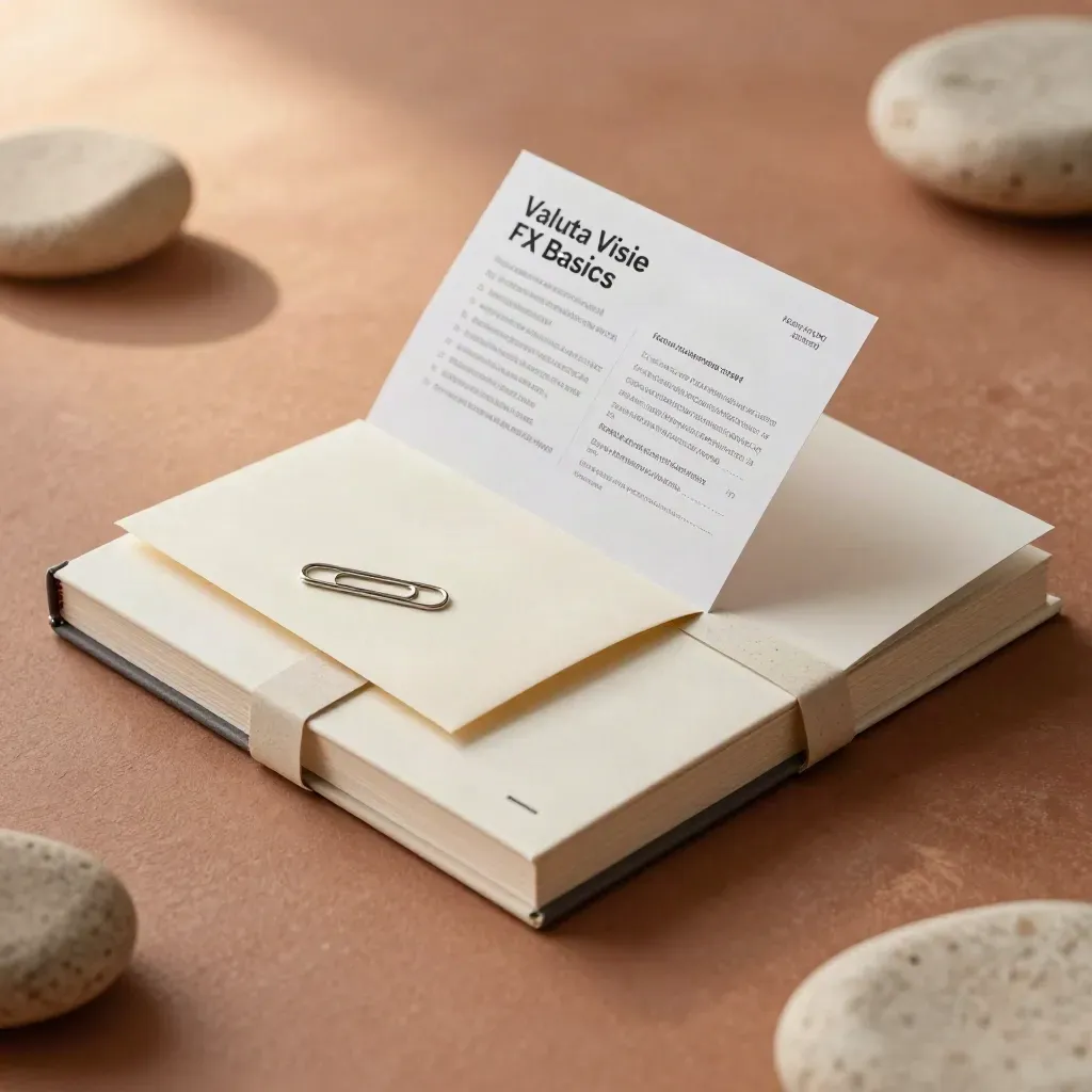 Compacte FX-basishandleiding met checklist, envelop en paperclip op terracotta steen.