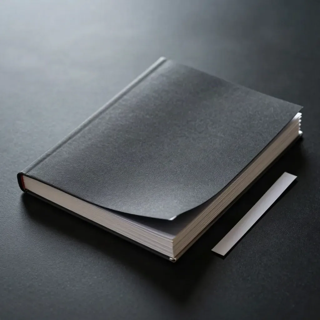 Donker productshot van een strak gestapeld koersboekje met notitieboek en smalle indexstroken