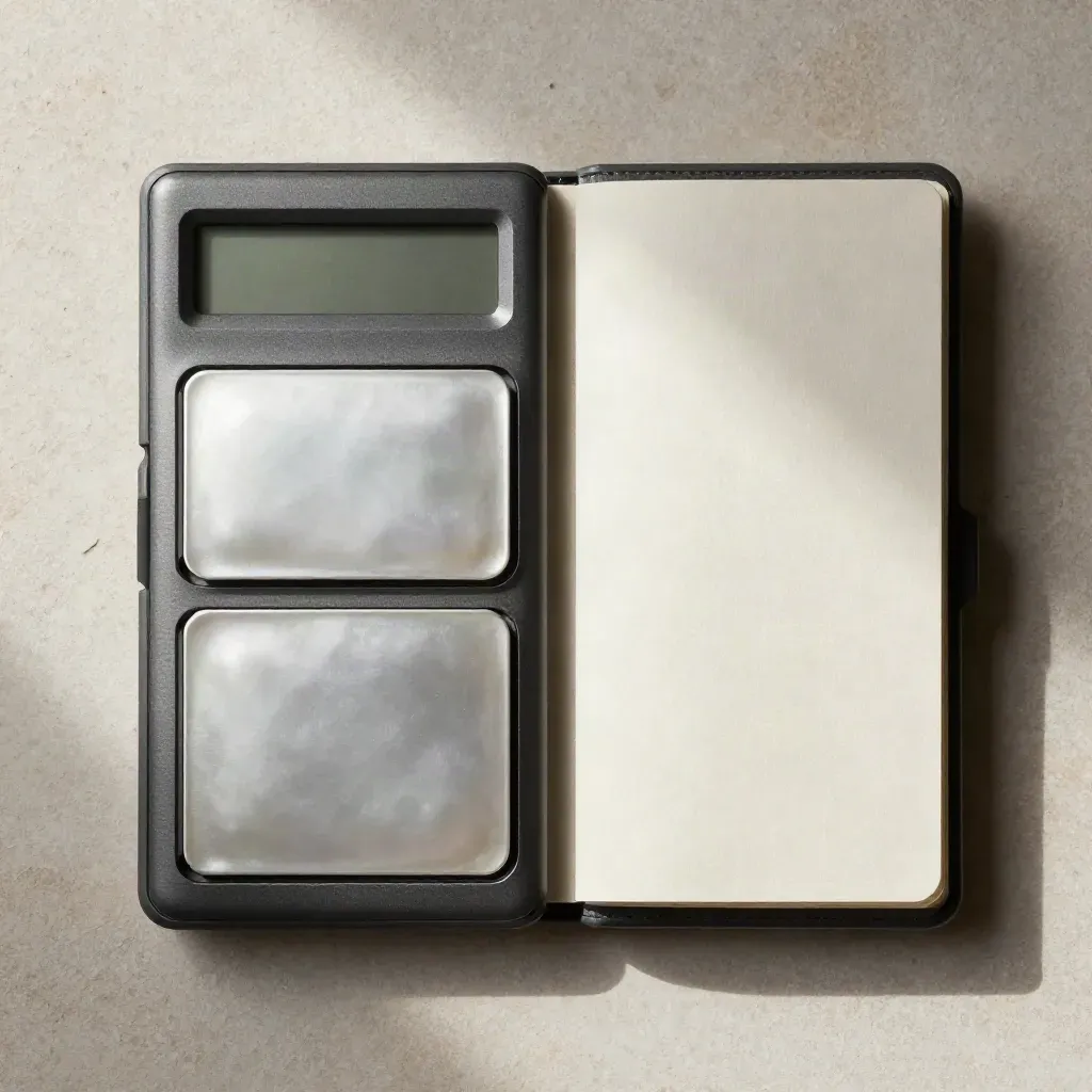 Bovenaanzicht van een valutacalculator-set met kaartmodule, losse tiles en papieren sleeve.