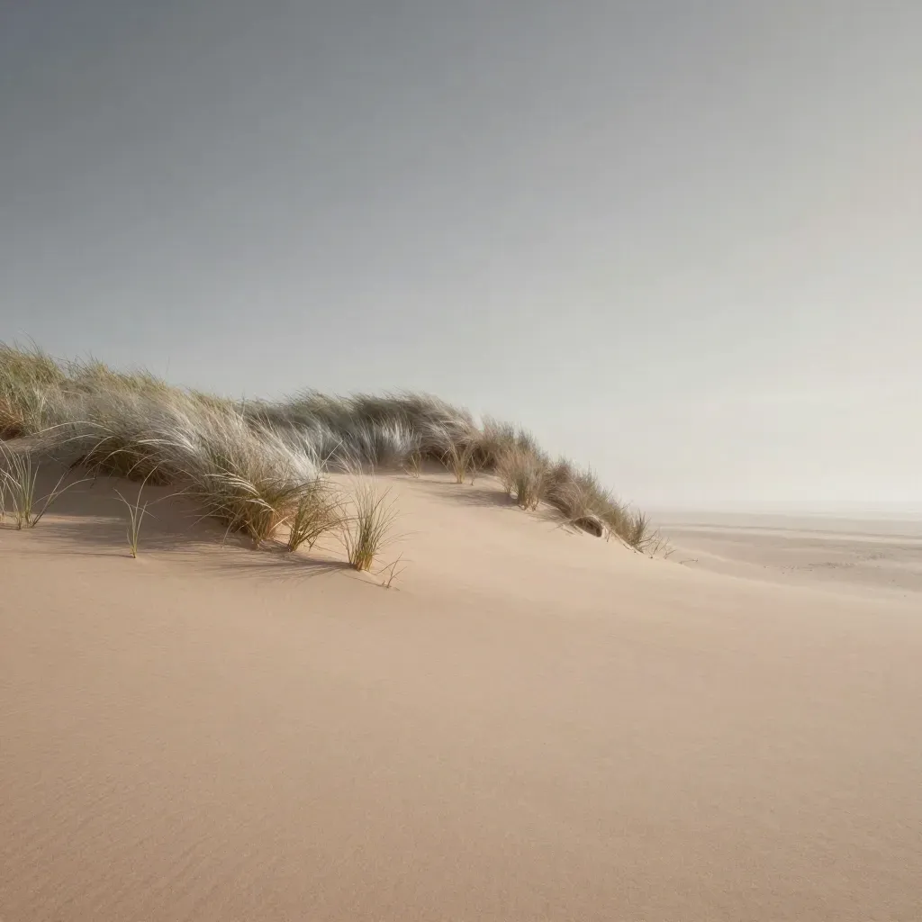 Duinrug in zeelicht met gras en rustige horizon, veel lege ruimte onderaan