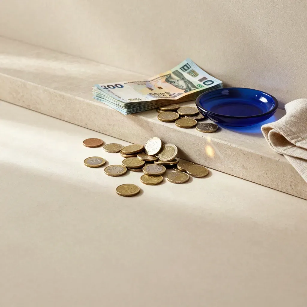 Luxe stenen oppervlak met munten, bankbiljetten en linnen in zacht ochtendlicht.