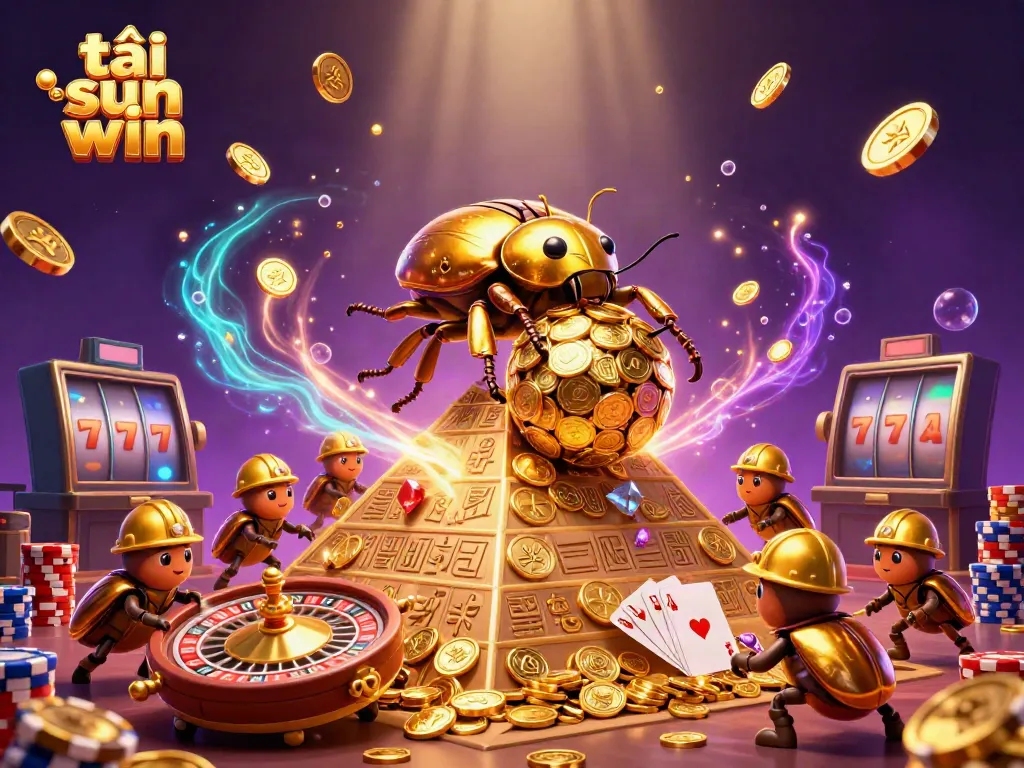 Join the fun with tải sun win, as the golden beetle leads a treasure hunt amidst sparkling casino elements!