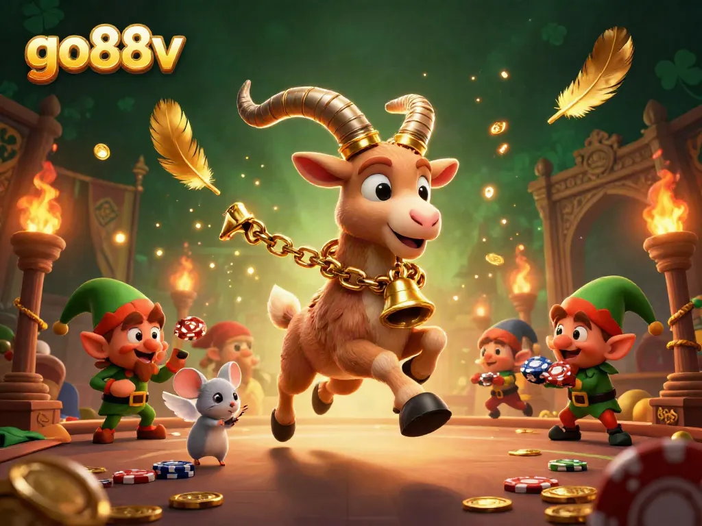 Experience go88v's festive yet spooky casino scene with a Krampus goat, angel mouse, and mischievous elf gremlins.