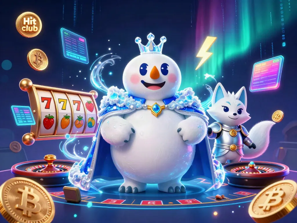 Engage with Hit club gaming featuring an ice king and snow fox in a vibrant casino scene.