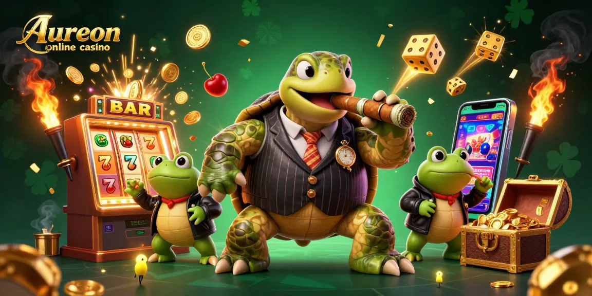 Aureon online casino features a dynamic scene with a snapping turtle in a mobster suit surrounded by colorful casino elements.