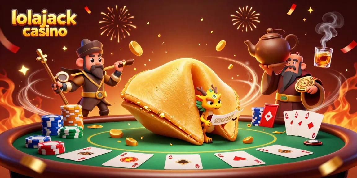 Experience thrilling gameplay at lolajack casino with a magical 3D illustration of lucky symbols and poker action.